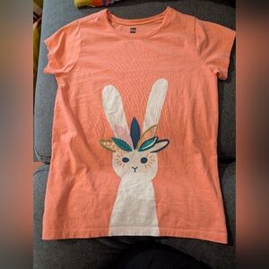 Tea Collection Coral Tee with White Bunny and Multicolor Leaf Accents